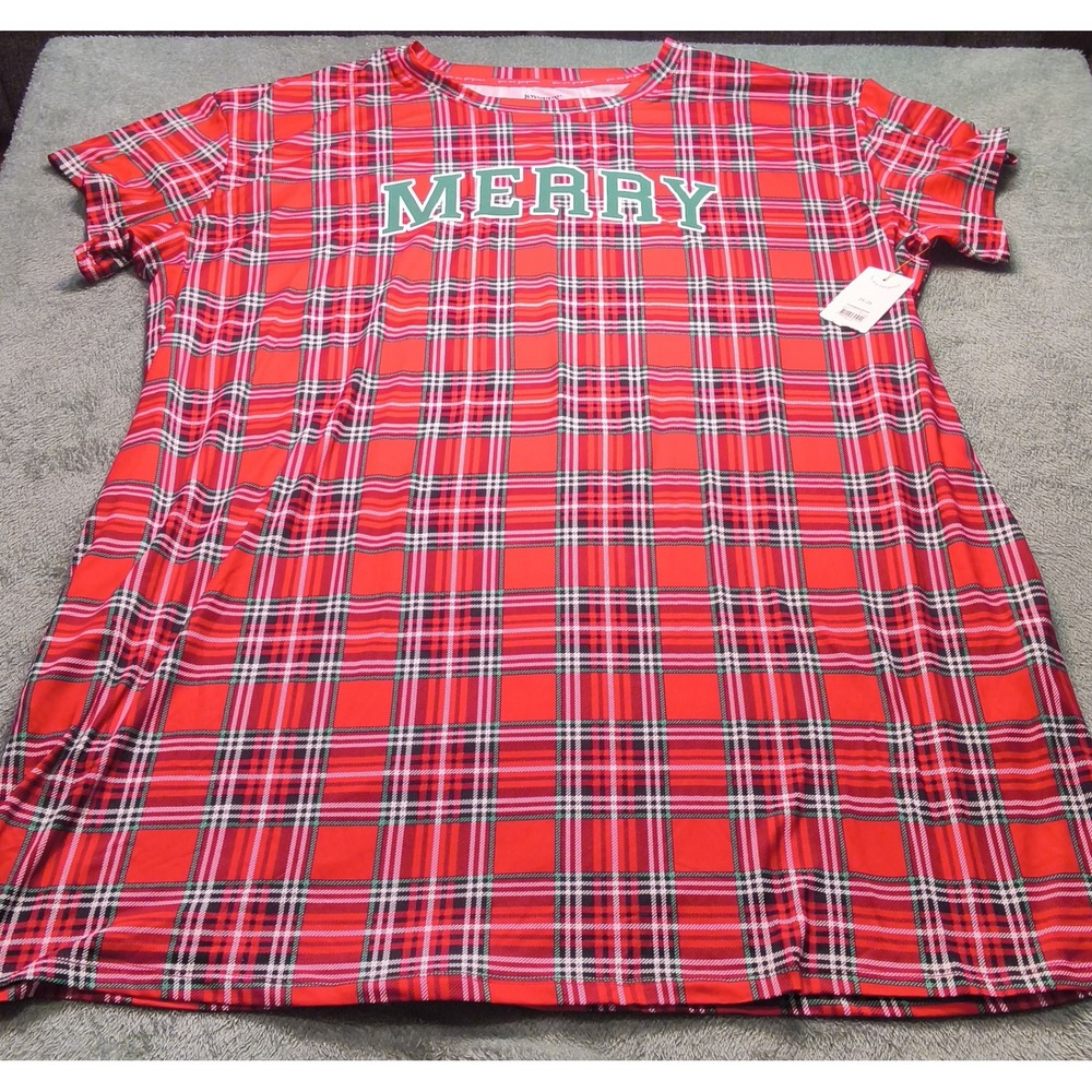 Joyspun Womens Merry Christmas Plaid Sleep Shirt Nightgown Red 2X-3X NWT
